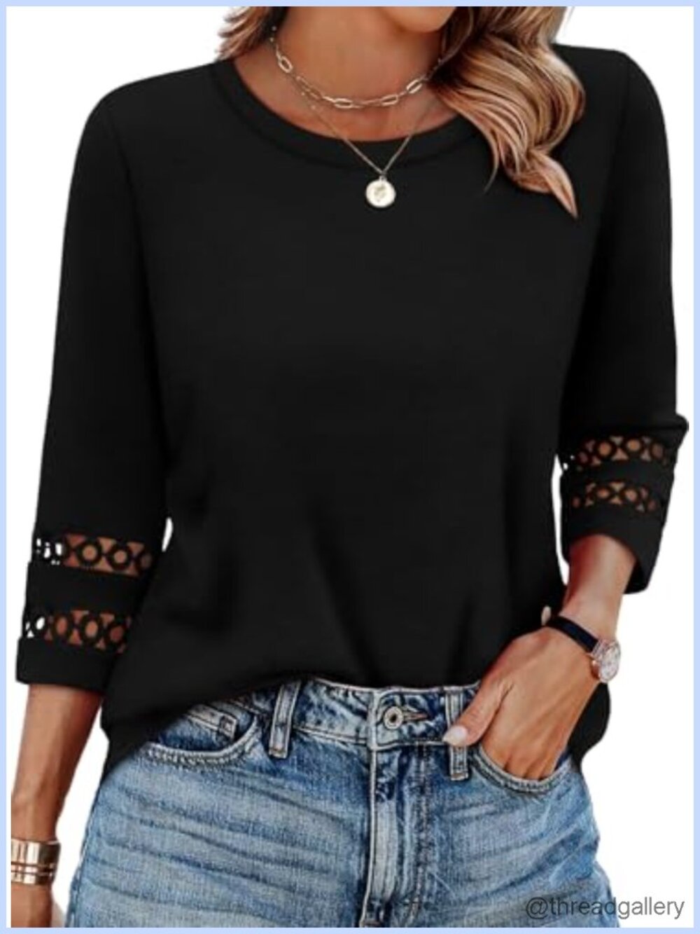 Womens 3/4 Sleeve Tops Blouse Dressy Casual Crewneck Lace Cuff Loose Fit